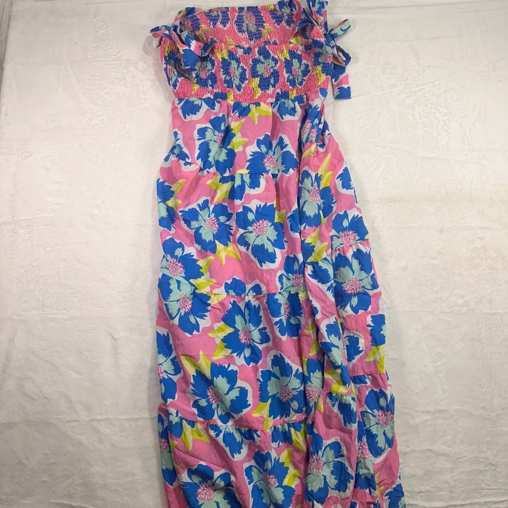 Michelle McDowell Shellie Tiered Maxi Dress L Pink Blue Floral Smocked Tie Strap - Picture 4 of 4